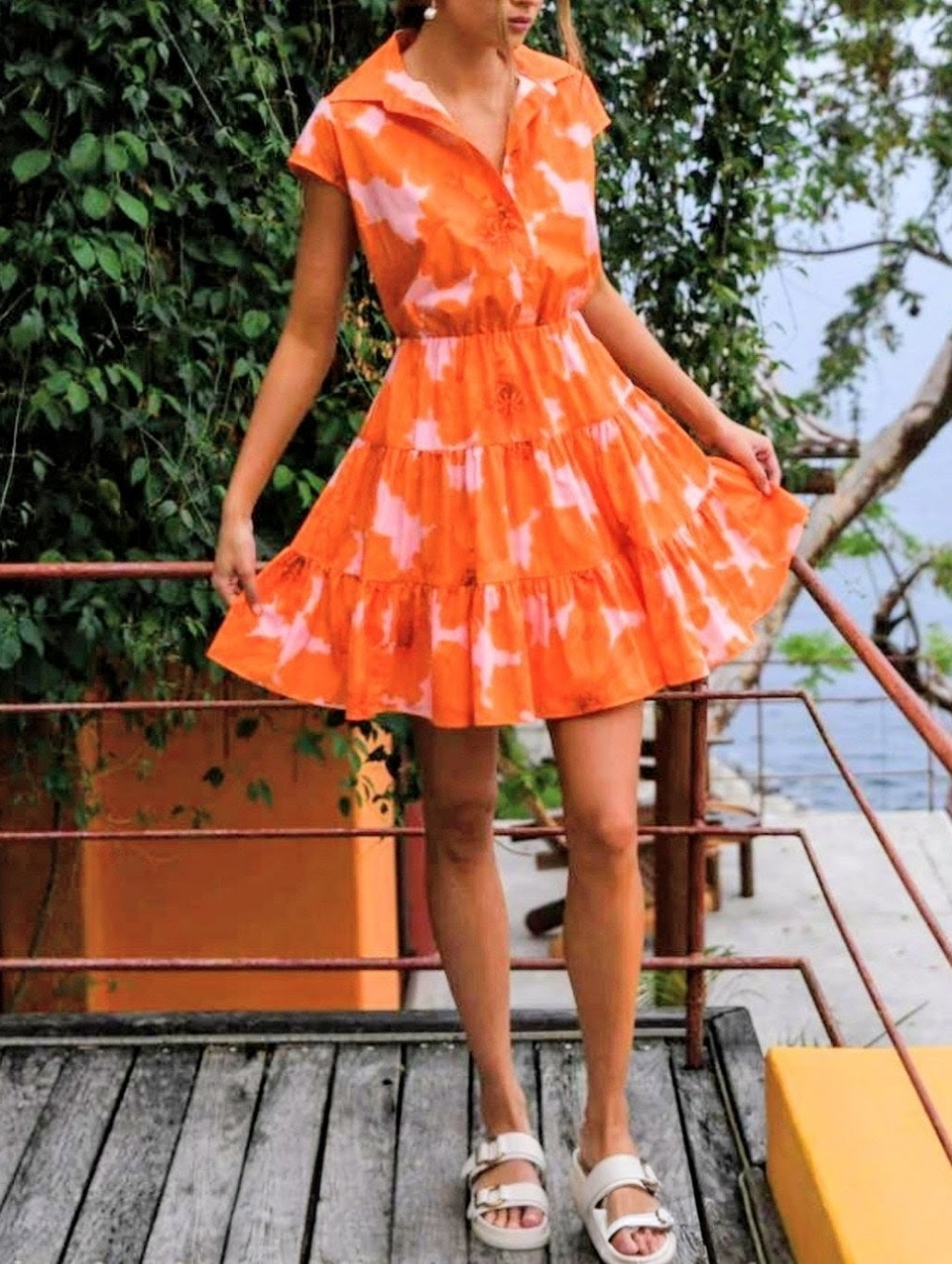 Hutch By Anthropologie Orange Floral Shirt Dress, EUC MP, Cloth Buttons, Pockets